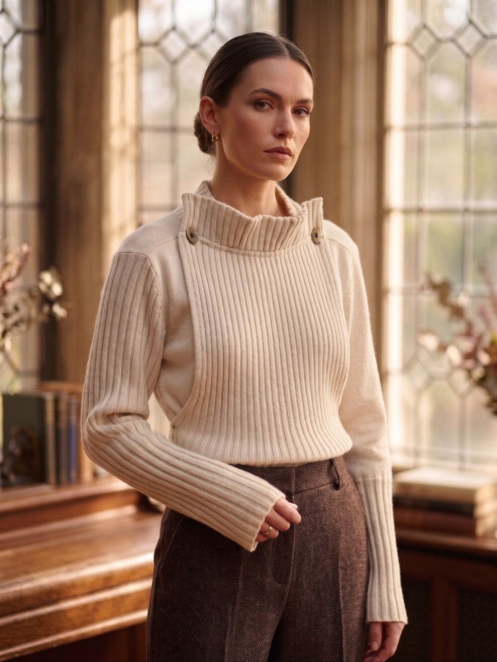 Vintage Parisian Layered Wool Sweater Art Deco Cream Dark Academia Pleats